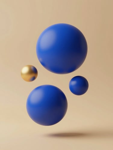 A minimalist abstract composition of floating luminous spheres and fluid gradients in royal blue and warm gold, cast in soft studio light with elegant shadows.