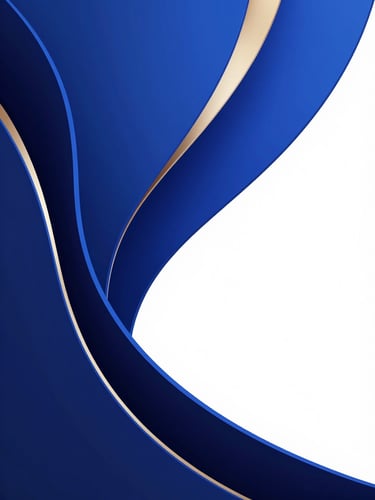 A premium abstract 3D render under soft studio lighting, featuring elegant sweeping geometric curves in royal blue and deep navy, with delicate champagne gold highlights and generous negative space.