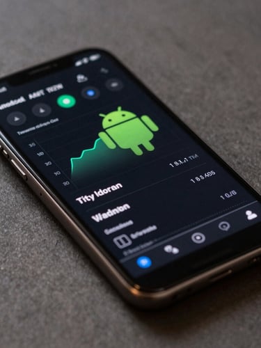 Tight macro shot of a sleek dark-themed Android application displaying real-time data charts on a flagship device, neutral studio light.