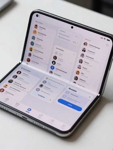 A top-down macro shot of a sleek Android foldable device half-folded on a white desk, displaying a highly detailed multi-column responsive application layout with clean typography.