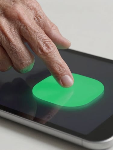 A close-up macro shot of an elderly hand with visible wrinkles gently tapping a large, high-contrast green button on a modern Android tablet. Soft studio lighting highlights the sharp UI details.