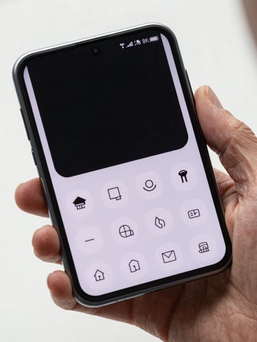 A tight macro shot of a sleek foldable Android phone held by an older adult's hand, displaying a high-contrast, simplified native interface under bright studio light.