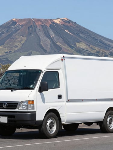 An immaculate white delivery vehicle parked against a dramatic Hawaiian volcanic landscape, bright high-key natural daylight, sharp focus, crisp shadows