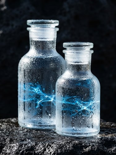 Dramatic high-contrast close-up of pristine glass water carafes with condensation, sharp shadows, deep black volcanic stone background, vibrant blue light refraction, crisp focus