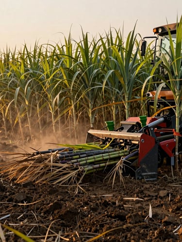 Close-up of heavy agricultural machinery harvesting sugarcane at dawn, warm golden light, rich dark soil, dust in the air, professional farming photography