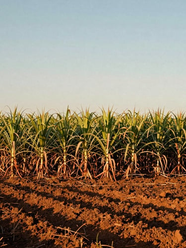 Wide environmental landscape of a sugarcane field in Castilho SP at golden hour, warm dusty sunlight, rich soil tones, 35mm film style