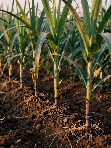 Close-up of rich dark soil with healthy sugarcane roots, warm golden-hour side lighting, professional agricultural photography, 35mm film.