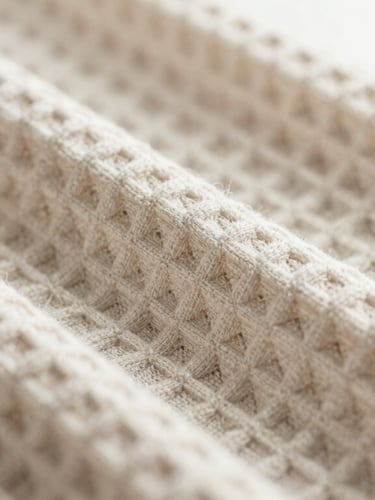 Macro close-up of unbleached cotton-linen waffle weave texture, showing the deep thirsty pockets, soft clean shadows, bright indirect window light