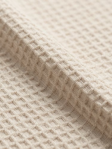 Sharp macro detail of unbleached waffle-weave cotton-linen fabric, bright indirect natural daylight, neutral muted earth tones, 50mm lens