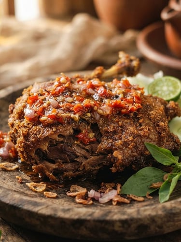 Close-up of crispy Javanese fried duck with glistening red sambal on a rustic wooden plate, warm side-lighting, rich golden tones