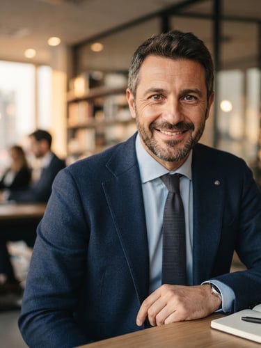 A professional, warm portrait of an Italian insurance broker in his 40s, smiling in natural golden hour light, modern office background with soft focus, 35mm lens.