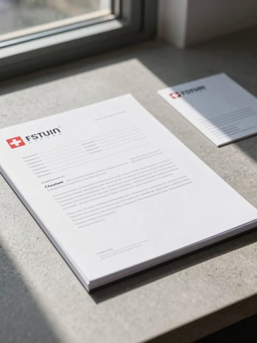 A close-up of premium corporate stationery and structured legal documents on a minimalist concrete desk, cool morning daylight from a window, sharp shadows, Swiss design feel