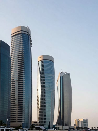 Wide-angle architectural shot of West Bay Doha skyscrapers reflecting cool morning daylight, clean lines, minimalist corporate aesthetic, negative space on the right.
