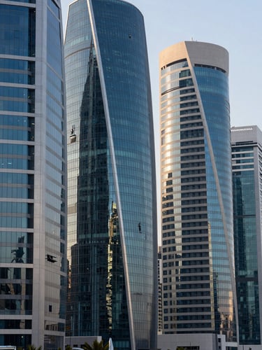 A sharp vertical shot of modern glass skyscrapers in West Bay, Doha, reflecting cool morning daylight, clean architectural lines with high contrast.
