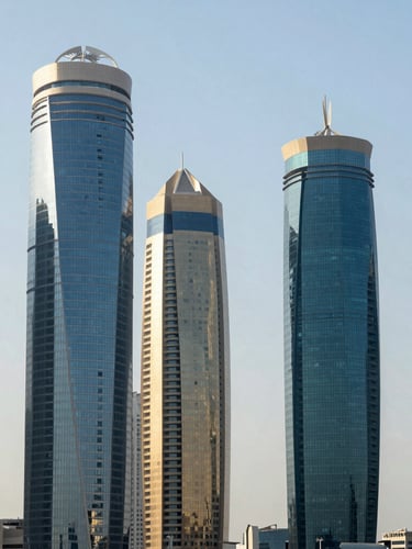 A sharp, high-contrast architectural crop of West Bay Doha skyscrapers in bright cool daylight, clean glass facades reflecting a pale blue sky, structured composition with generous negative space.