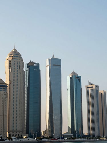 Wide panoramic shot of modern West Bay Doha skyscrapers reflecting cool morning daylight, clean sharp architectural lines, minimalist composition with ample negative sky space.