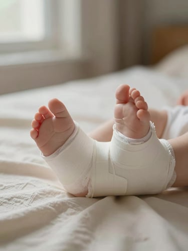 Overhead close-up of an infant's feet in a plaster cast resting on a soft cream cloth, diffused natural window light, muted warm tones, no clinical equipment visible, quiet domestic setting