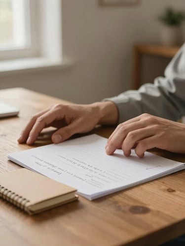 Close-up of a parent's hands resting quietly beside handwritten care notes and a small notebook on a wooden table, soft diffused window light from the left, warm cream and gray tones, no faces visible, intimate and unhurried