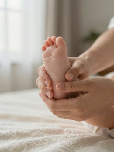 Close-up of a parent's hands gently performing a dorsiflexion stretch on a small infant foot, soft diffused window light from the left, warm cream blanket beneath, shallow depth of field, calm and precise