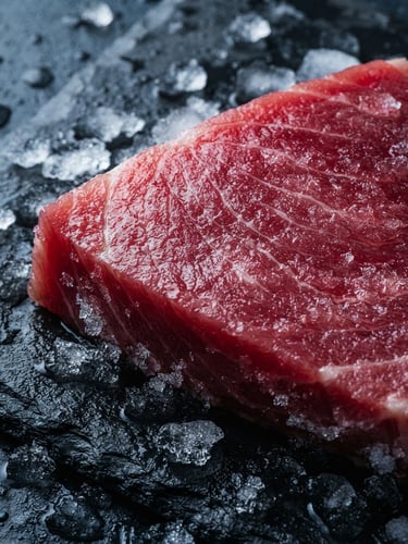 Macro shot of deep red sashimi-grade yellowfin tuna loin on dark slate with ice crystals, cool oceanic lighting, sharp focus