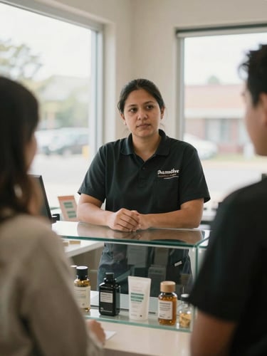 Medium shot of a dispensary staff member behind the counter in natural window light, hands resting on the glass display case, looking toward a customer off-frame, candid documentary framing, no posing, warm interior tones