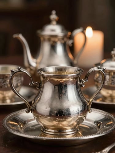 Extreme close-up of an antique silver tea set reflecting warm candlelight, dark background, luxurious texture.