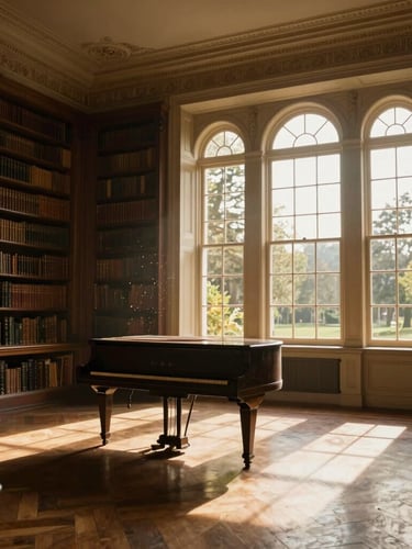 Cinematic wide shot of a historic mansion library in Santa Teresa, late afternoon golden light filtering through high colonial windows, dust motes visible in the air, antique piano in the background, chiaroscuro lighting.
