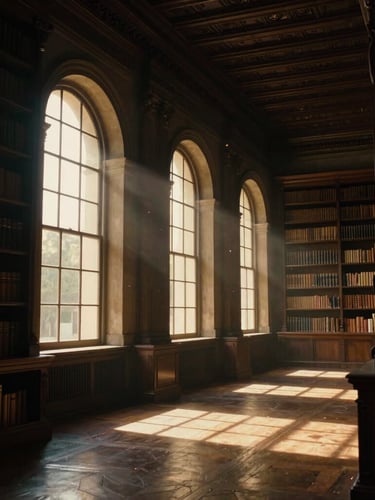Cinematic wide shot of a dimly lit historic library in Santa Teresa, late afternoon golden hour filtering through high windows, dust motes visible, deep charcoal and antique gold tones.