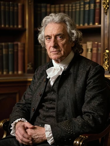 Portrait of an older artist or historian in deep focus, sitting in a shadowed study, antique gold lighting.