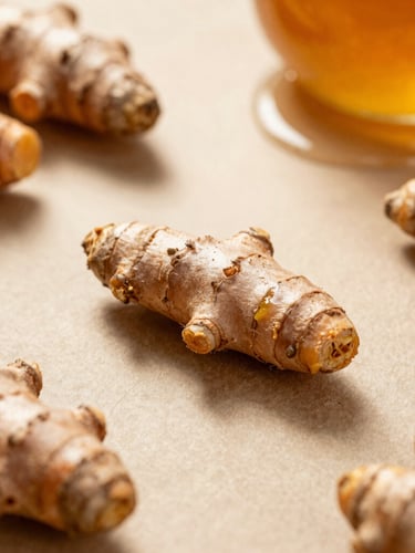 Macro overhead shot of raw Himalayan turmeric roots and wild forest honey on textured handmade paper, soft golden-hour window light, shallow depth of field, 35mm
