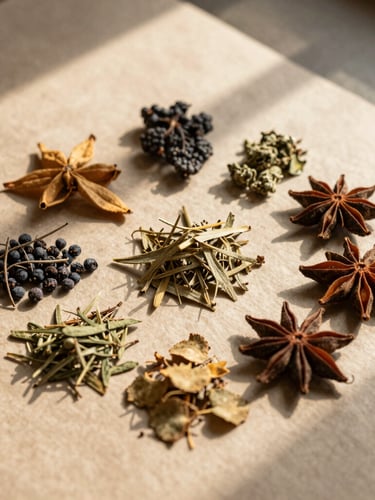 Overhead flat-lay of raw Himalayan herbs and organic spices on textured handmade paper, soft golden-hour side-lit window shadows, shallow depth of field
