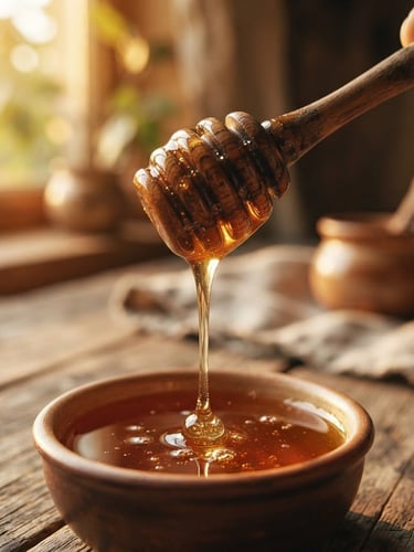 Macro photograph of raw golden Himalayan honey slowly dripping from a traditional carved wooden dipper, warm side-lit window shadows, rich honey tones, 35mm