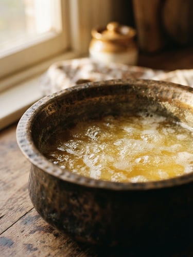 Macro shot of liquid golden A2 cow ghee slow-simmering in a traditional bronze vessel, soft side-lit window shadows, warm editorial photography