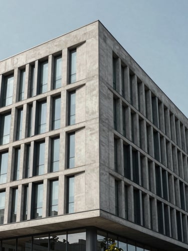 Sharp architectural angle of a modern minimalist concrete and steel corporate headquarters, cool indirect daylight, high contrast, clean lines.