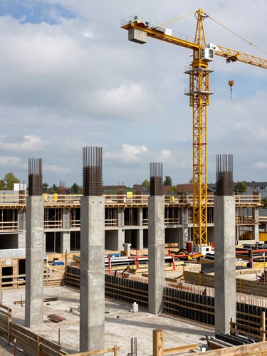 Wide-angle view from elevated position of an active German construction site at overcast daylight — reinforced concrete columns mid-assembly in the foreground, tower crane arm visible upper right, ordered site infrastructure and formwork below, no people posed, documentary framing