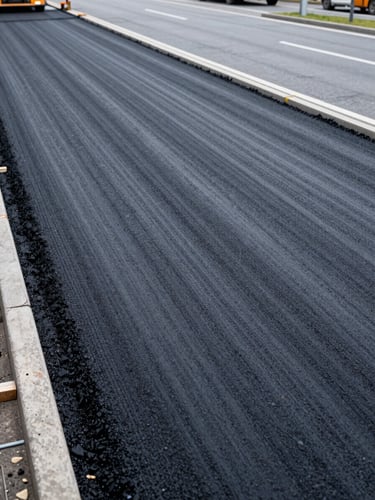 Close-up elevated view of a freshly laid asphalt paving system on a German urban road project — dark asphalt surface with visible compaction roller tracks, road markings partially visible, natural overcast daylight, documentary framing showing material precision and scale