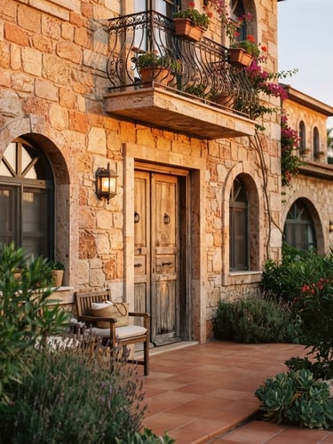 Warm architectural photography of a boutique hotel stone facade in Belek, golden hour sunlight casting soft shadows, 35mm