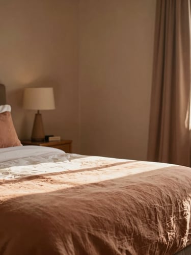 Warmly lit boutique hotel room interior, soft terracotta and beige linen on a comfortable bed, sunlight streaming through a window, 35mm editorial photography
