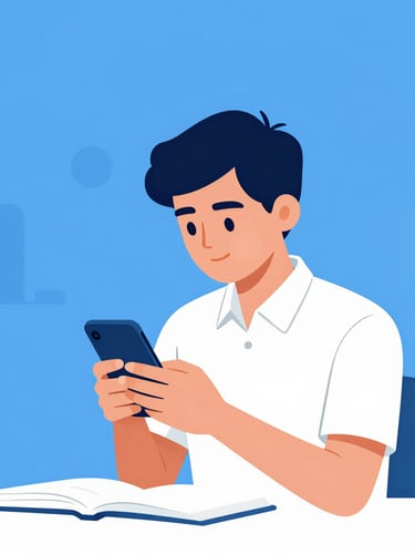 Clean flat vector illustration of an Indian student studying on a mobile phone under bright daylight, minimalist geometric shapes, blue and white accents