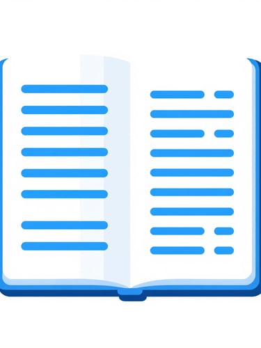 Clean flat vector illustration of an open digital notebook with glowing blue text nodes, minimalist geometric shapes, crisp digital art style
