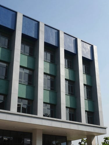Architectural detail of a modern institutional building in Islamabad, clean lines, professional daylight, 35mm