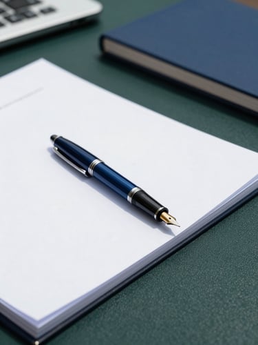 Close-up of a professional desk setup in Islamabad, structured corporate documentation, executive fountain pen, clean daylight.
