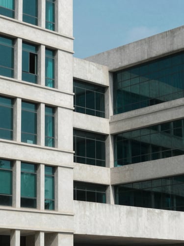 Architectural details of Islamabad's institutional buildings, clean lines, concrete and glass facade, bright natural daylight, cool tones, 35mm