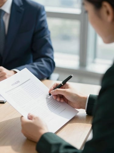 Formal boardroom consultation setting, close-up of a professional advisor reviewing documents, bright natural daylight, sharp focus, 35mm