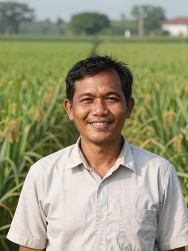Potret seorang petani Indonesia yang tersenyum di tengah ladang jagung saat siang hari, fokus pada wajah dan ekspresi kebanggaan, latar belakang ladang yang hijau.