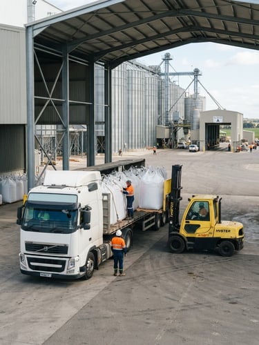 Wide shot of modern agricultural logistics, large sacks of commodities being loaded onto a truck at a processing facility, bright natural daylight, clean industrial setting, 35mm lens