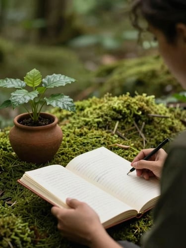 Uma pessoa de perfil, em silhueta, em um momento de introspecção, observando um caderno aberto com anotações e um pequeno vaso de planta, luz natural suave, tons de verde-musgo e marrom-argila, aspecto retrato, warm editorial photography, soft diffused daylight, earthy forest green and rich brown tones, shallow depth of field, 35mm