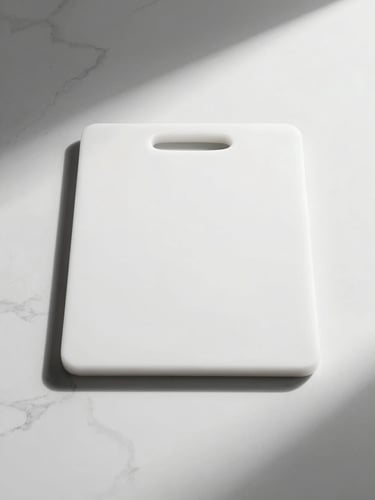 Stark minimalist product photography of a blank monolithic cutting board on a white marble slab, hard shadows, clinical studio lighting, monochrome.