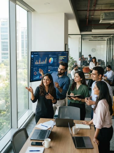 Bright, modern office space in Gurgaon Cyber City, showing a diverse team collaborating around a large monitor, natural window light, focused and energetic atmosphere, candid medium-close shot.