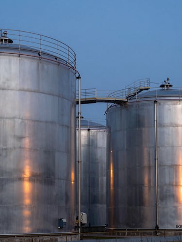 Industrial architectural photography of massive steel storage tanks at twilight, cool steel tones with warm amber accents, wide-angle lens, sharp focus